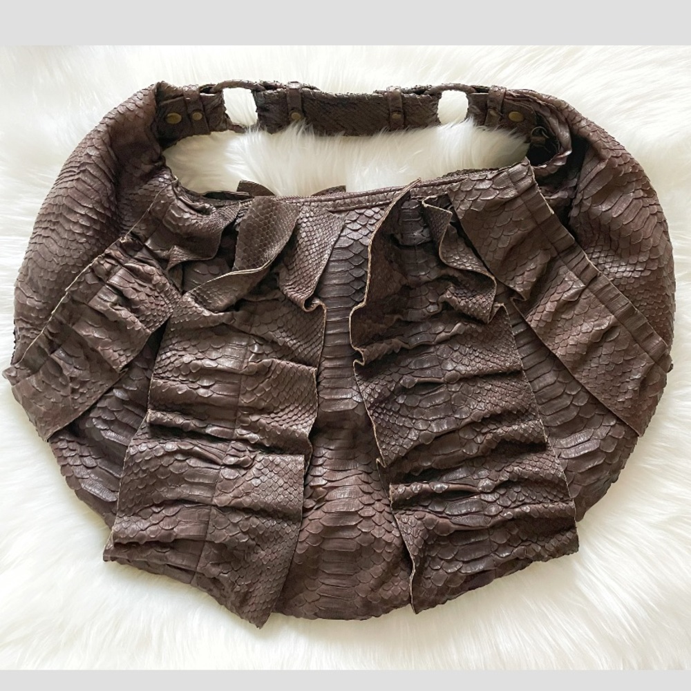 Uzca Snake Python Ruffle Shoulder Handbag - image 2
